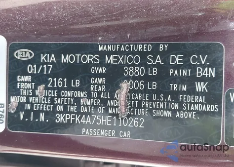 2017 Kia Forte Lx z USA, uszkodzony, nr VIN 3KPFK4A75HE110262